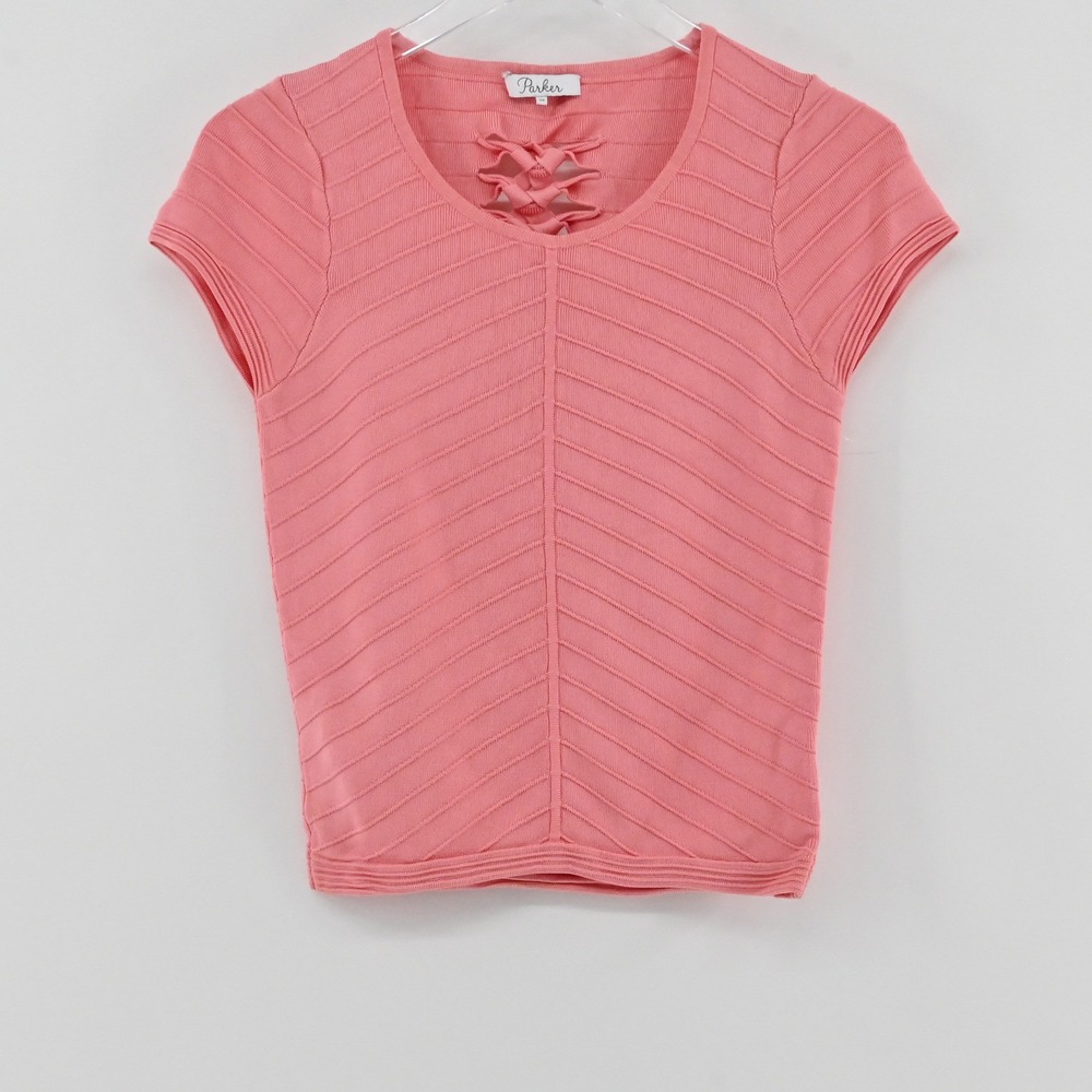 Parker Lattice Back Ribbed Knit Top Womens Size XS Coral Pink Short Sleeve Chic